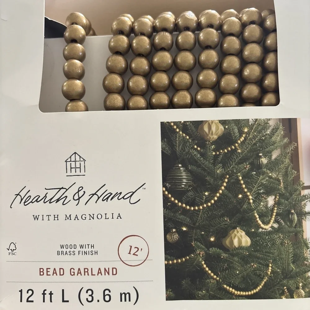 Hearth Hand with Magnolia 12 ft Brass Bead Garland Wood w Brass Gold Finish